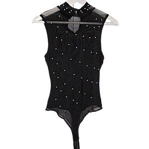 BLASHE - Sheer Mesh Bodysuit in Black with Pearls - Women's Size Small